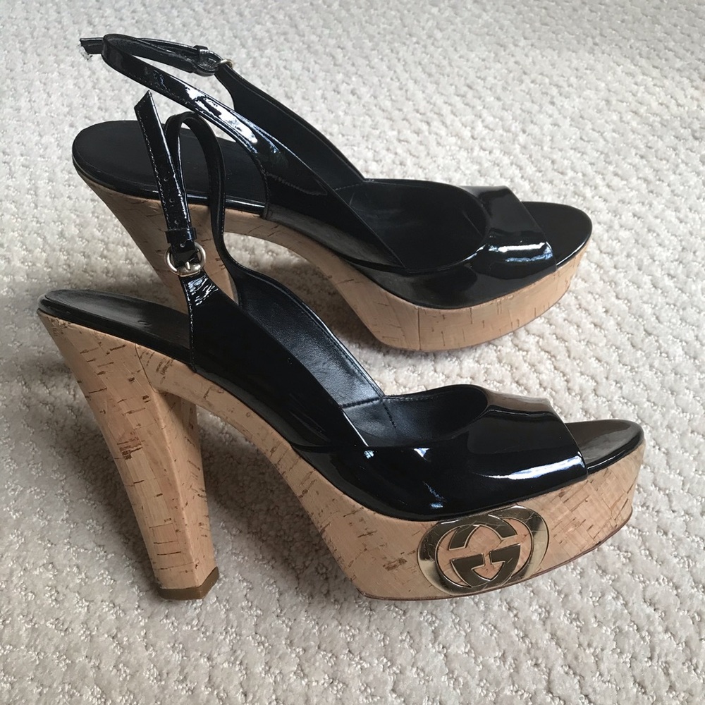 Black patent leather GUCCI sandals with cork heels